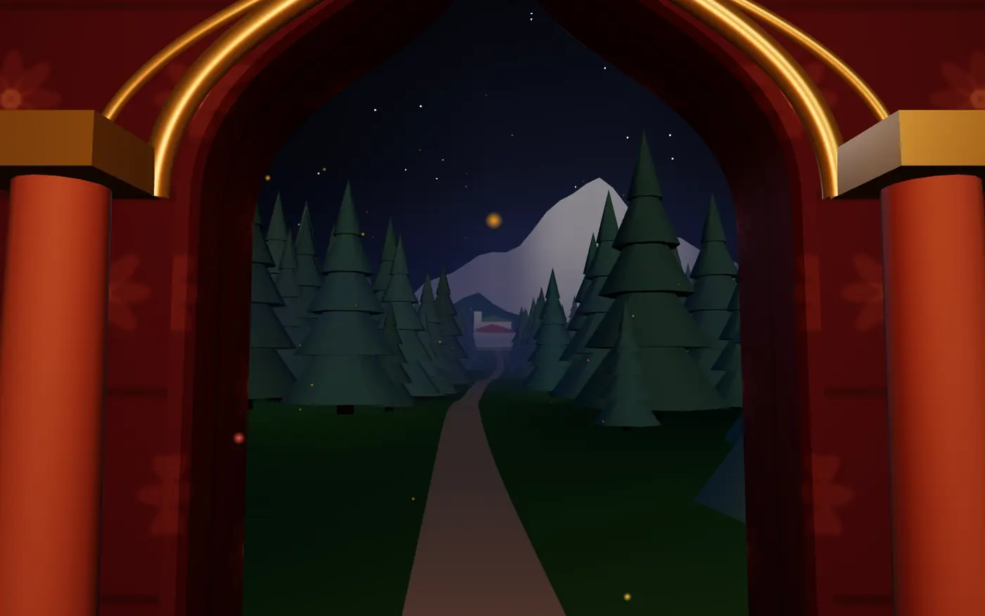 Looking through the carved gateway at night toward starlit deodars