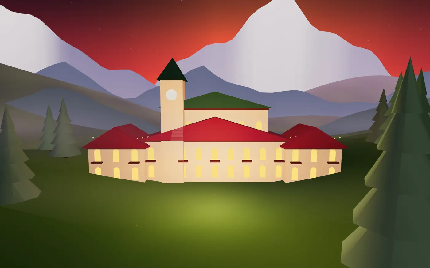 The heritage hotel at dusk, windows glowing below a rose-coloured snow peak